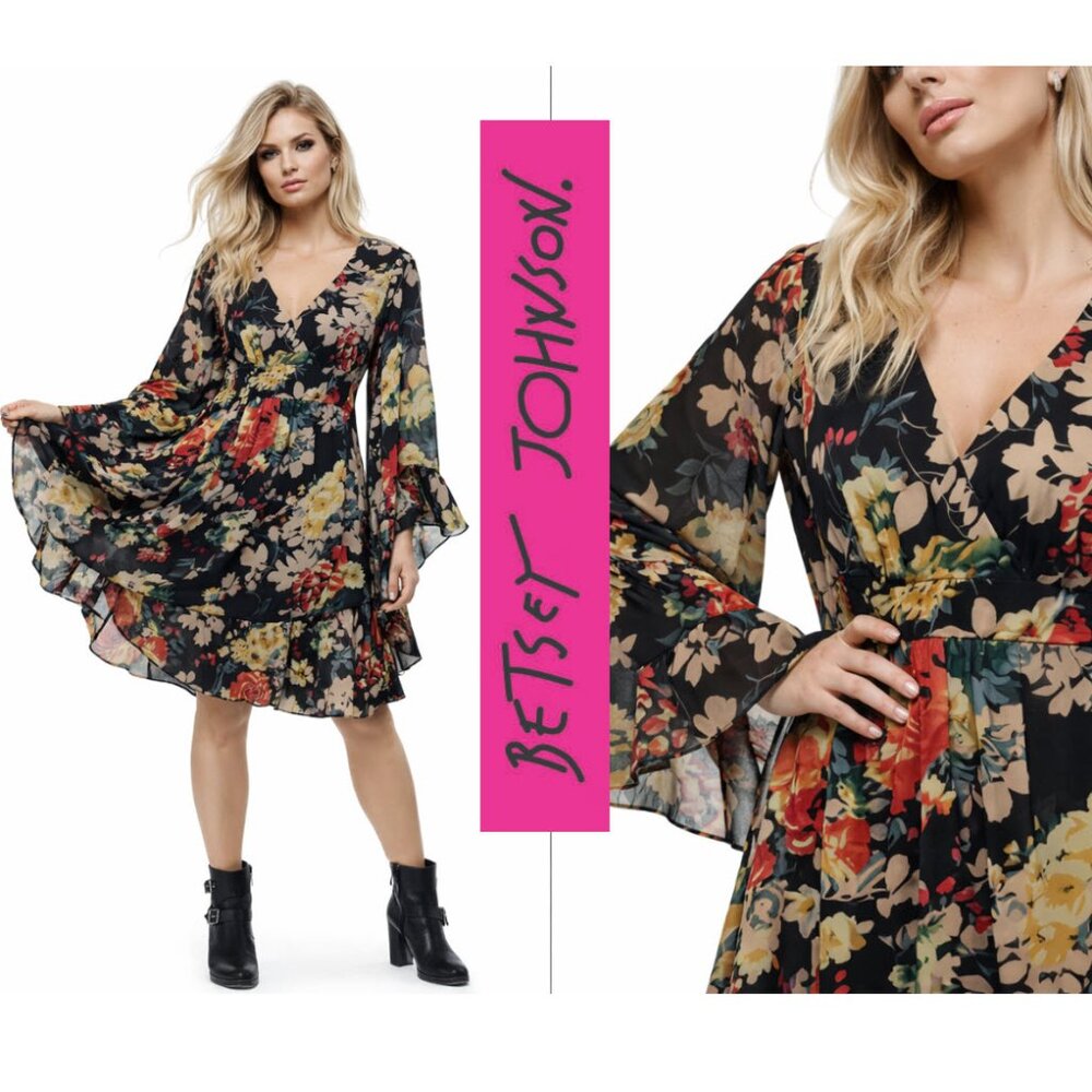 Betsey Johnson Black Floral Wrap Dress with Bell Sleeves